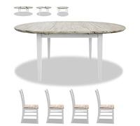 Set da pranzo composto da 4 pezzi: tavolo allungabile in legno bianco rotondo e ovale (115-160 cm) con foglie centrali in legno massello e sedie in stile country, perfetto per la cucina