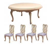 Set da pranzo con tavolo e sedie in miniatura in legno, 5 pezzi, scala 1:12, con cuscini grigi