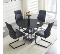 Set da Pranzo con Tavolo Tondo in MDF e Metallo, Cucina, Nero, Set da 5