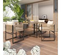 Set da pranzo da giardino, 5 cucchiaini, con 1 tavolo da pranzo, 4 sedie impilabili, set da giardino, 5 lg, corda fine, ferro, piano in vetro di sicurezza spesso 5 mm