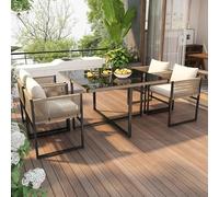 Set da pranzo da giardino, 5 cucchiaini, con 1 tavolo da pranzo, 4 sedie impilabili, set da giardino, 5 lg, corda fine, ferro, piano in vetro di sicurezza spesso 5 mm