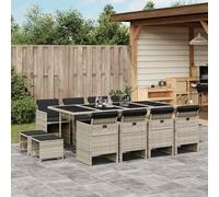 Set da pranzo da giardino da 13 pezzi con cuscini in polyrattan grigio chiaro + set da pranzo per esterni resistente ai raggi UV + set di conversazioni resistenti alle intemperie + rattan PE in vetro