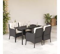 Set da pranzo da giardino in rattan nero, con tavolo in vetro, 4 sedie e cuscini per terrazza, balcone, zona pranzo