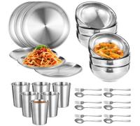 Set da pranzo in acciaio inox da 30 pezzi, composto da 6 piatti, 6 ciotole, 6 tazze, 6 forchette e 6 cucchiai, pratico servizio da tavola per esterni, casa e feste