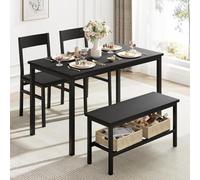 Set da pranzo per 4 persone, con tavolo da pranzo, panca e sedie, moderno set da pranzo con struttura in metallo e ripiano per piccoli spazi, set da pranzo salvaspazio con ripiano portaoggetti per