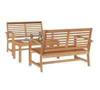 Set da pranzo per esterni in teak: 2 panche + 1 tavolo. È fatto in legno massiccio, ha un design tradizionale, è robusto e rettangolare. Perfetto per balconi e patii, facile da mantenere e con una fi