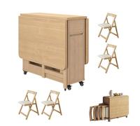 Set Da Pranzo Pieghevole In Legno Massello Con 4 Sedie, Tavolo Da Pranzo Estensibile E Sedie Con Cassetto Portaoggetti, For Cucina/sala Da Pranzo/soggiorno/studio/ufficio