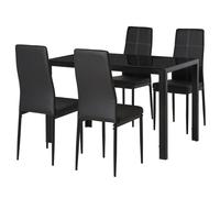 Set da Pranzo Tavolo con Piano in Vetro e 4 Sedie in Metallo e Similpelle Nero