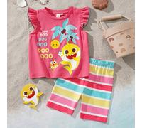 Set da ragazza giovane composto da una maglietta a maniche corte con stampa di squalo cartoni animati e palme, e pantaloncini a righe colorate con stampa dopamina 6Y,7Y,4Y,5YFumetto,Geometrico,Lettere