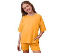 Set da ragazza girocollo per ragazze, elasticizzato, estivo, casual, due pezzi, con apertura laterale allentata e pantaloncini da ciclismo, adatto per bambini dai 5 ai tredici anni, abbigliamento