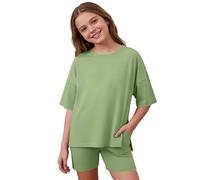 Set da ragazza girocollo per ragazze, elasticizzato, estivo, casual, due pezzi, con apertura laterale allentata e pantaloncini da ciclismo, adatto per bambini dai 5 ai tredici anni, abbigliamento
