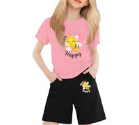 Set da ragazza in cotone per ragazze, girocollo a maniche corte, maglietta stampata in due pezzi per due o tredici abbigliamento casual Activewear sport estate, rosa, 2-3 Anni