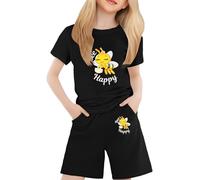 Set da ragazza in cotone per ragazze, girocollo a maniche corte, maglietta stampata in due pezzi per due o tredici abbigliamento casual Activewear sport estate, Nero , 8-9 Anni