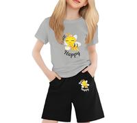 Set da ragazza in cotone per ragazze, girocollo a maniche corte, maglietta stampata in due pezzi per due o tredici abbigliamento casual Activewear sport estate, Grigio, 3-4 Years