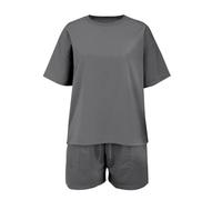Set da ragazza semplice e alla moda con stampa alla moda con scollo rotondo e pantaloncini sportivi a maniche corte, set da due pezzi per ragazze (grigio scuro, 11-12 anni)