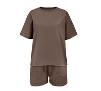 Set da ragazza semplice e alla moda con stampa alla moda, girocollo, pantaloncini sportivi a maniche corte, set da due pezzi per ragazze (marrone, 9-10 anni)