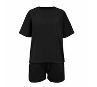 Set da ragazza semplice e alla moda con stampa alla moda, girocollo, pantaloncini sportivi a maniche corte, set da due pezzi per ragazze (nero, 12-13 anni)
