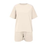 Set da ragazza semplice e alla moda con stampa alla moda, girocollo, vestibilità ampia, pantaloncini sportivi a maniche corte, set da due pezzi per ragazze (beige, 11-12 anni)