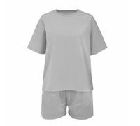 Set da ragazza semplice e alla moda con stampa alla moda, girocollo, vestibilità ampia, pantaloncini sportivi a maniche corte, set da due pezzi per ragazze (grigio, 4-5 anni)