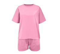 Set da ragazza semplice e alla moda con stampa alla moda, girocollo, vestibilità larga, pantaloncini sportivi a maniche corte, set da due pezzi per ragazze (rosa, 5-6 anni)