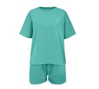 Set da ragazza semplice e alla moda con stampa alla moda, girocollo, vestibilità larga, pantaloncini sportivi a maniche corte, set da due pezzi per ragazze (verde, 4-5 anni)