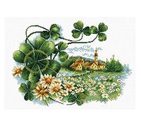 Set da ricamo Coccinella Scenery Clover, set per punto croce di circa 35 x 25 cm, set completo per un disegno da ricamo angolare, passatempo artigianale per adulti e bambini a partire da 8 anni