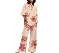 Set da salotto con tasche da donna, pigiama da donna, top a maniche corte, abbigliamento da salotto a due pezzi, pantaloni a gamba larga, set casual da tuta da salotto in due pezzi, rosa, XXL