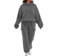 Set da salotto da donna, 2 pezzi, felpa con cappuccio e pantaloni da jogging con multitasche, alla moda, casual, tinta unita, set da palestra, Grigio scuro, 3XL