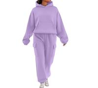 Set da salotto da donna, 2 pezzi, felpa con cappuccio e pantaloni da jogging con multitasche, alla moda, casual, tinta unita, set da palestra, Viola chiaro., L