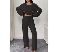 Set da salotto da donna, 2 pezzi, maglia a maniche lunghe a costine e pantaloni a gamba larga, set pigiama per autunno inverno