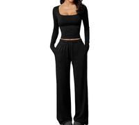 Set da salotto da donna in due pezzi, a maniche lunghe, scollo quadrato, increspato, con coulisse elastica in vita e pantaloni a gamba larga, tuta casual per yoga e abbigliamento sportivo, Nero , XL