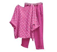 Set da salotto da donna in lino a pois, maglietta a maniche corte con stampa ampia e pantaloni elasticizzati in vita a gamba larga con tasche, ideale per loungewear, pigiama, Rosa acceso, 5XL