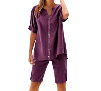 Set da salotto da donna oversize in cotone e lino, 2 pezzi, maglietta a maniche corte con bottoni, camicetta casual con scollo a V e pantaloncini al ginocchio, spacco laterale, pantaloni da jogging