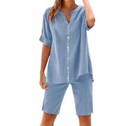 Set da salotto da donna oversize in cotone e lino, 2 pezzi, maglietta a maniche corte con bottoni, camicetta casual con scollo a V e pantaloncini al ginocchio, spacco laterale, pantaloni da jogging
