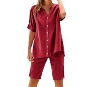 Set da salotto da donna oversize in cotone e lino, 2 pezzi, maglietta a maniche corte con bottoni, camicetta casual con scollo a V e pantaloncini al ginocchio, spacco laterale, pantaloni da jogging