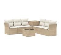 Set da salotto da giardino, 8 pezzi, beige e crema in poli ratano, con | Design modulare, superficie acacia, cassettone integrato, facile manutenzione, ideale per terrazze