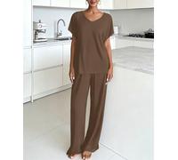 Set da salotto estivo da donna, 2 pezzi, top a maniche corte con scollo a V e pantaloni a gamba larga, abbigliamento casual elasticizzato comodo per la casa