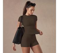 Set da salotto marrone caffè 2 pezzi, top a maniche corte & shorts biker a vita alta con tasche, outfit autunnale comodo e morbido come burro per lo sport da donna L,M,S,XLColore unicoTessuto in magli