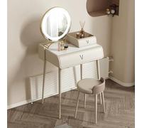 Set da scrivania in legno massello con piano di lavoro in lastra di roccia, specchio LED e sgabello per camera da letto, 80 cm