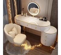 Set da scrivania moderno con grande tavolo da trucco, luci LED in 3 colori, cassetti, armadietto laterale e sedia, elegante toletta da donna (bianco, 120 cm)