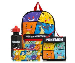 Set da scuola con zaino Pokemon da 4 pezzi, include portapranzo, bottiglia d'acqua e astuccio, tracolla imbottita regolabile | tasca laterale in rete | set di zaini per il ritorno a scuola, Nero , Set
