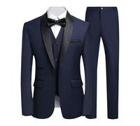 Set da smoking da uomo, 3 pezzi, vestibilità aderente, per feste, matrimoni, balli, smoking, scialle, risvolto, blazer, cappotto, gilet e pantaloni, blu navy, M
