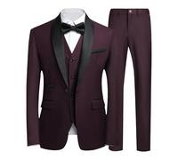 Set da smoking da uomo, 3 pezzi, vestibilità aderente, per feste, matrimoni, balli, smoking, scialle, risvolto, blazer, cappotto, gilet e pantaloni, Borgogna, XL