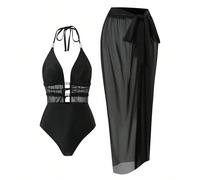 Set da spiaggia di alta gamma composto da costume intero nero in colore unito con design a rete e taglio hollowout, più gonna avvolgente, novità estate 2026 0XL,1XL,2XL,3XL,4XLColore unicoTessuto
