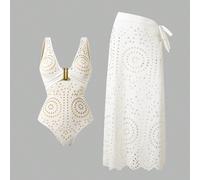 Set da spiaggia di alta gamma da donna taglie forti, composto da costume intero sexy con design traforato + gonna avvolgente, novità 2026 0XL,1XL,2XL,3XL,4XLGeometrico,PianteTessuto