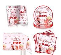 Set da tavola per feste in stile rosso e bianco, 61 pezzi, con scritta "She 's Ready to Pop", per feste a tema soda, include bicchieri di carta, tovaglia, piatti e tovaglioli, 20 ospiti