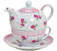 Set da tè, 3 pezzi per 1 persona, in porcellana, teiera con tazza e piattino con motivo floreale (rose)