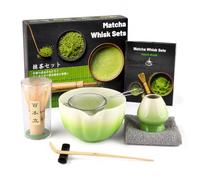 Set da tè giapponese da 7 pezzi, con ciotola a petalo a punta, frusta in bambù, porta frusta, cucchiaio lungo, setaccio, poggia cucchiaio e asciugamano assorbente, accessori per matcha, verde sfumato