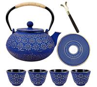Set da tè giapponese, teiera in ghisa per piano cottura, teiera con infusori per tè sfuso, bollitore da tè con 4 tazze, sottopentola e sollevatore, teiera con design floreale, rivestita con interno
