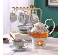 Set da tè in Ceramica Europea da 21 Pezzi per 6 Persone, Set da caffè in Porcellana con Supporto in Metallo, 1 scalda teiera in Vetro, Set da tazzine da caffè e